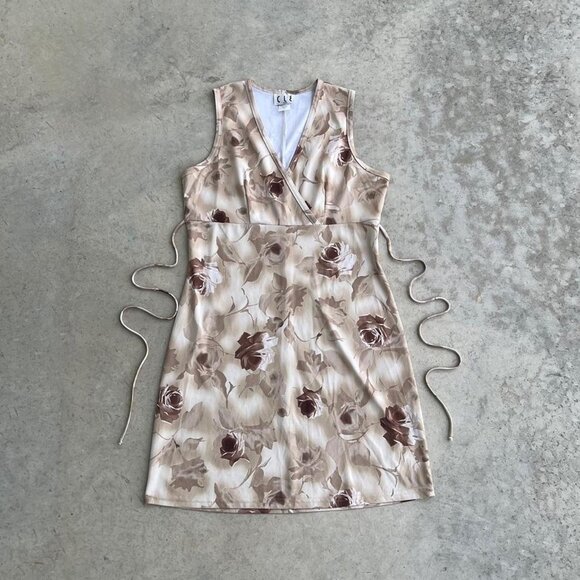 Vintage 90s Mini Dress Floral Brown Tan Made in USA Large - Picture 1 of 7